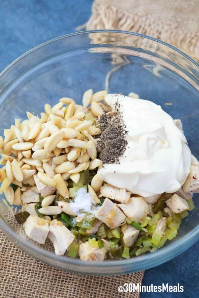 easy hot chicken salad ingredients in a bowl