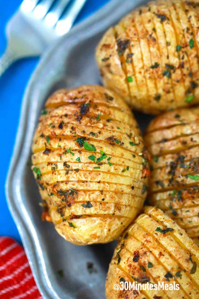 air fried hasselback potatoes on a plate