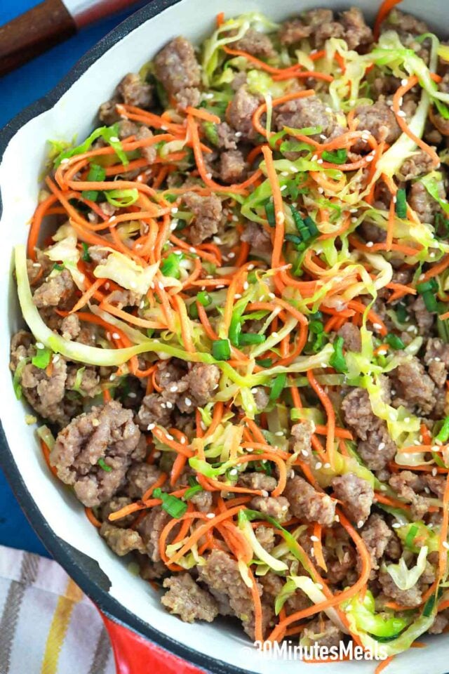 egg roll in a bowl with beef