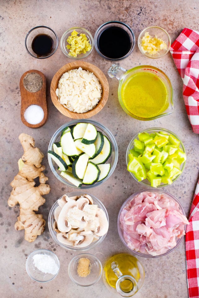 Overhead shot of almond chicken recipe ingredients.