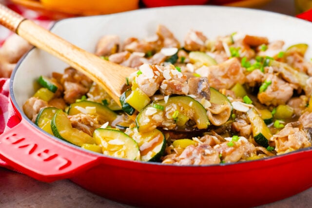 30 minute almond chicken with zucchini and mushrooms.