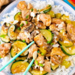 Homemade almond chicken over rice.