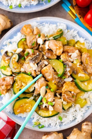 Homemade almond chicken over rice.