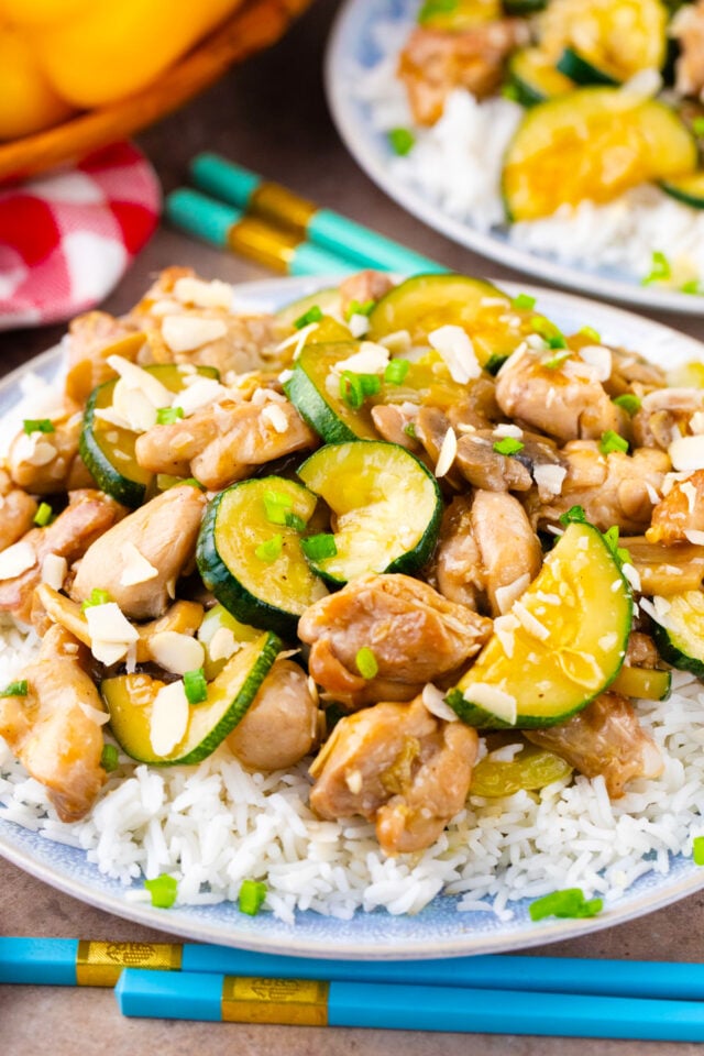 Homemade Chinese almond chicken over rice.