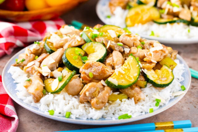 Asian almond chicken over rice.
