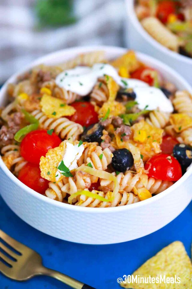 bowl of taco pasta salad