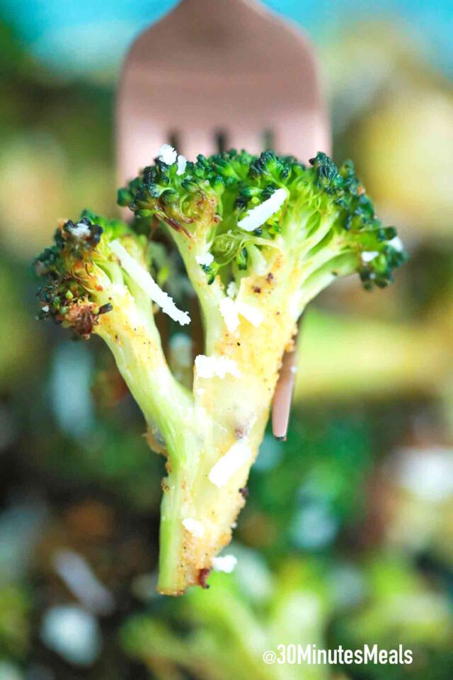 crispy broccoli on a fork