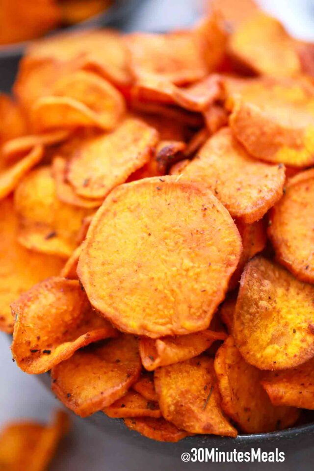 bowl of homemade sweet potato chips