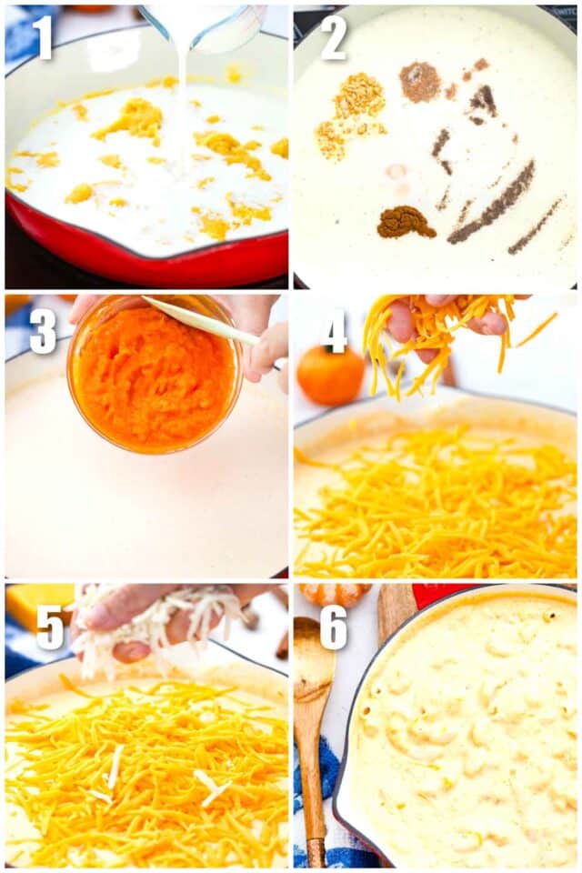 collage of six photos how to make pumpkin mac and cheese