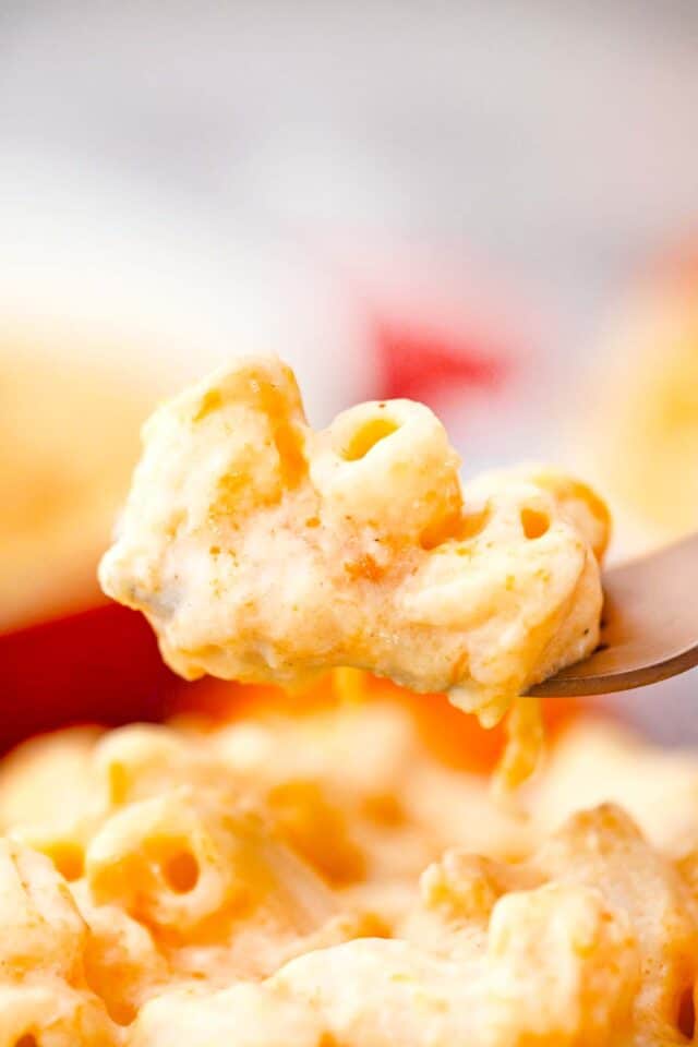 close shot of a forkful of pumpkin mac and cheese