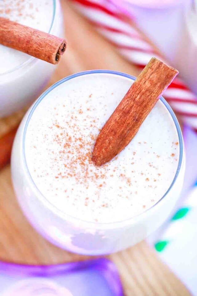 overhead shot of a glass of homemade eggnog