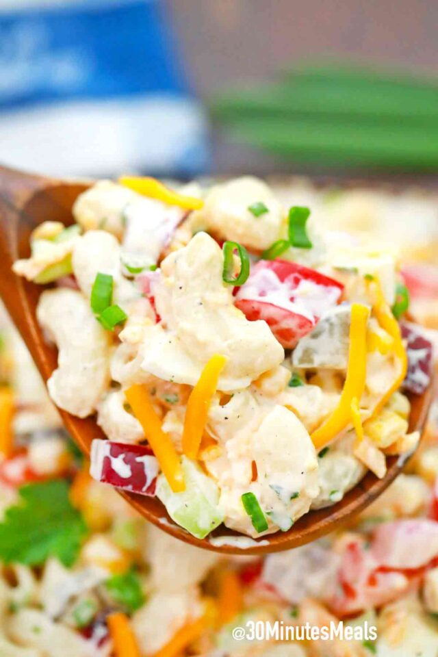 a large spoon of pasta salad with cheese