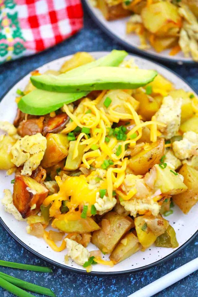 eggs potatoes cheese and avocado breakfast
