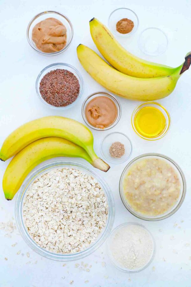 overhead shot of bananas oatmeal peanut butter on a table