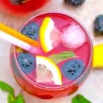 overhead shot of a glass of blackberry lemonade