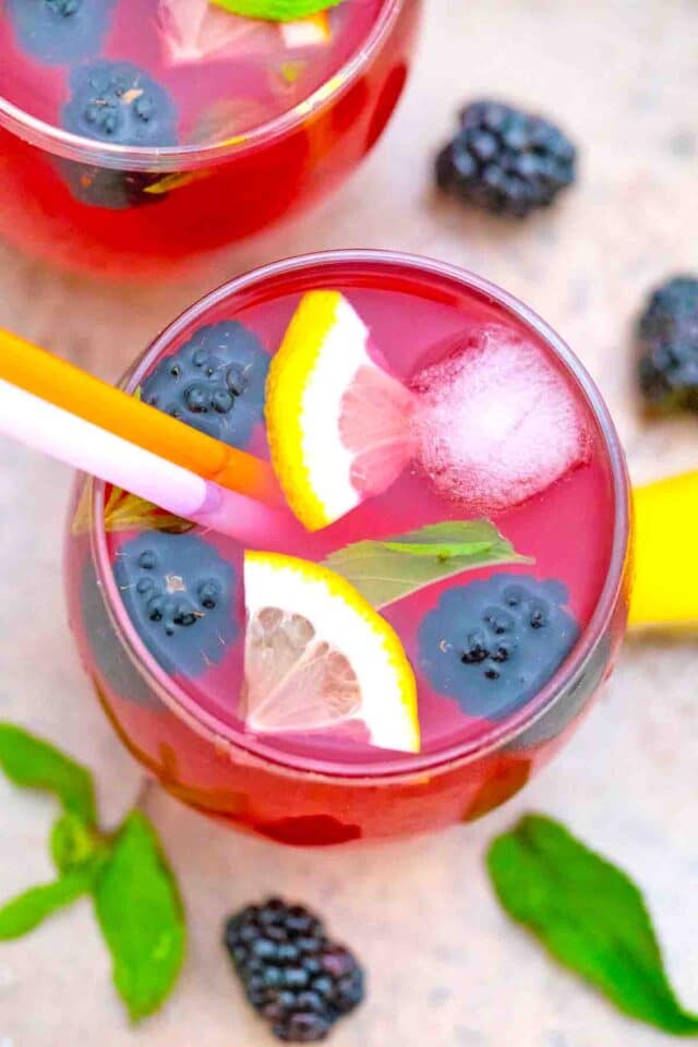 overhead shot of a glass of blackberry lemonade