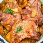 overhead shot of a pan with cinnamon apple pork chops