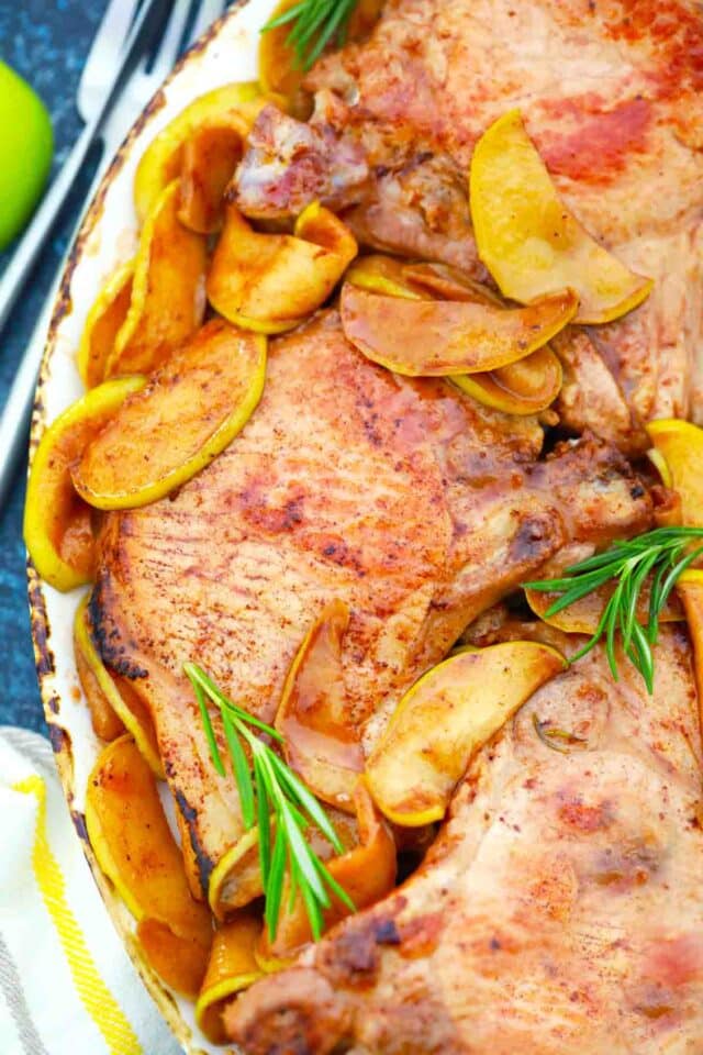 overhead shot of serving platter with cinnamon apple pork chops