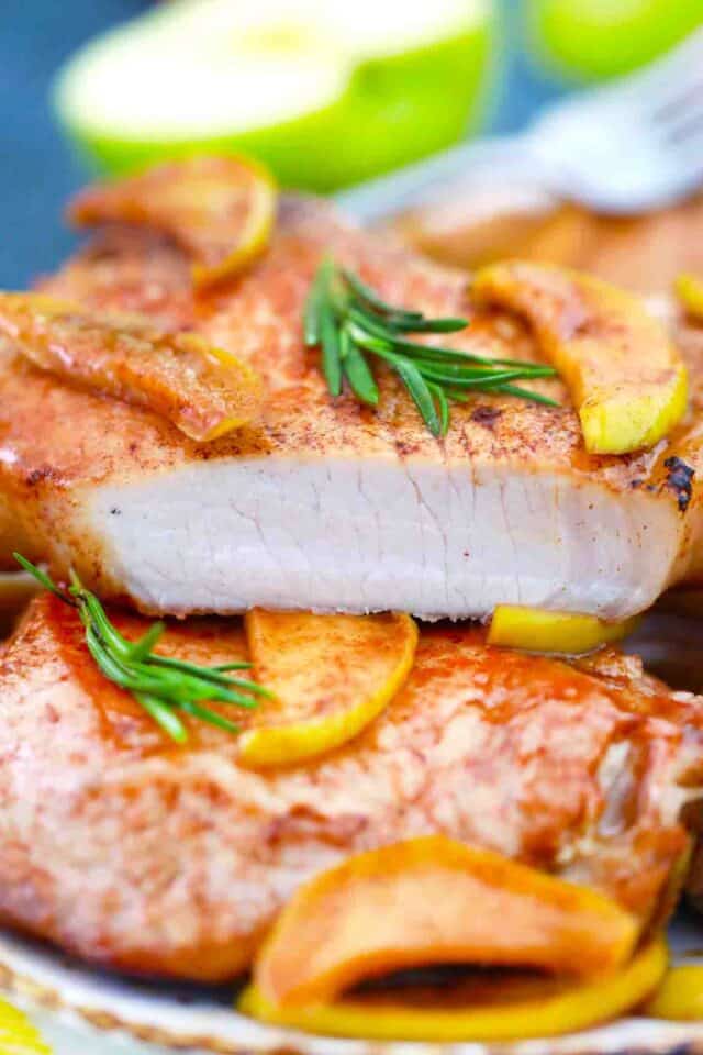 sliced and stacked cinnamon apple pork chops