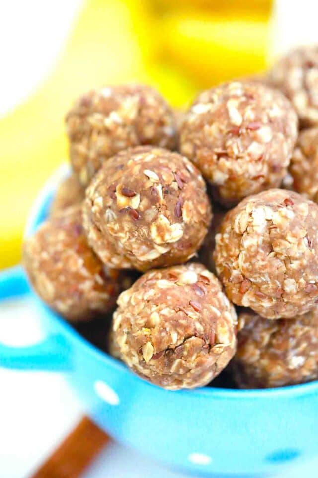 banana bread protein balls in a bowl