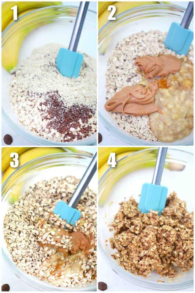 photo collage of steps how to make banana bread protein balls