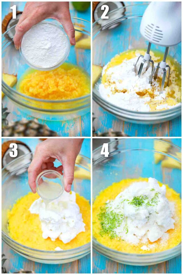 photo collage of steps how to make pineapple fluff