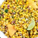 overhead shot of a plate of corn salsa