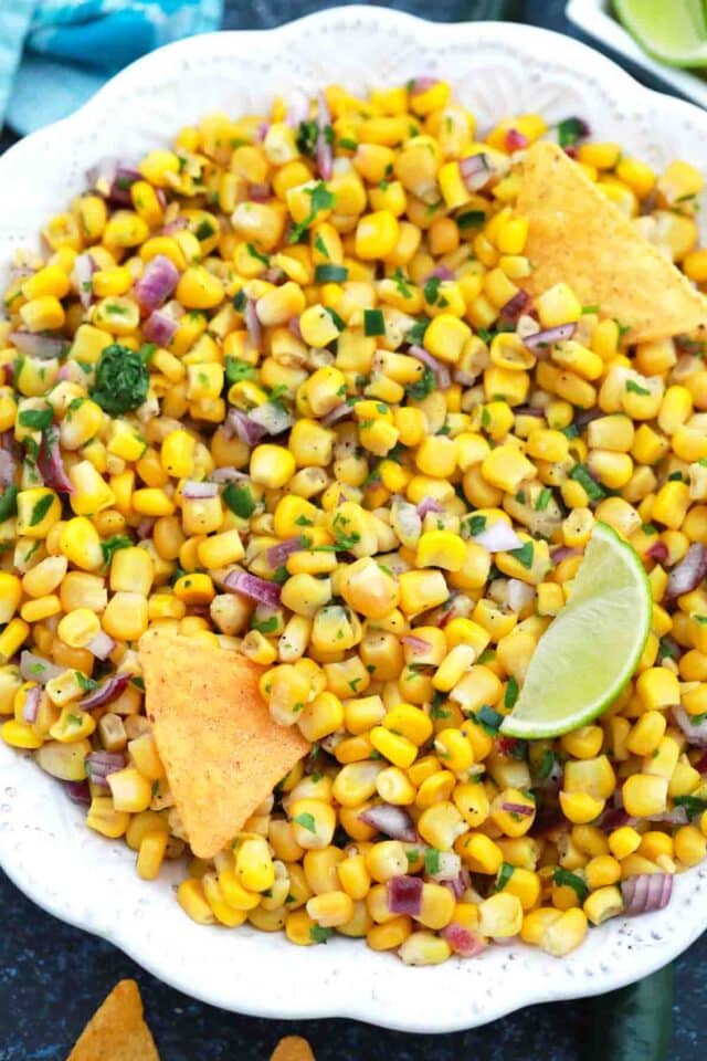 overhead shot of a plate of corn salsa