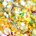 close macro shot of a spoonful of creamy avocado corn salad