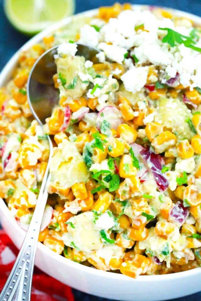 overhead shot of avocado corn salad