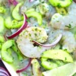 overhead shot of aguachile verde with raw shrimp