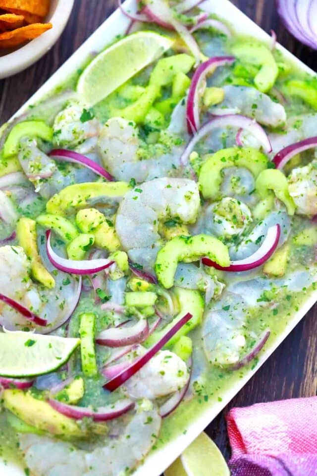 overhead shot of a serving plate with aguachile verde