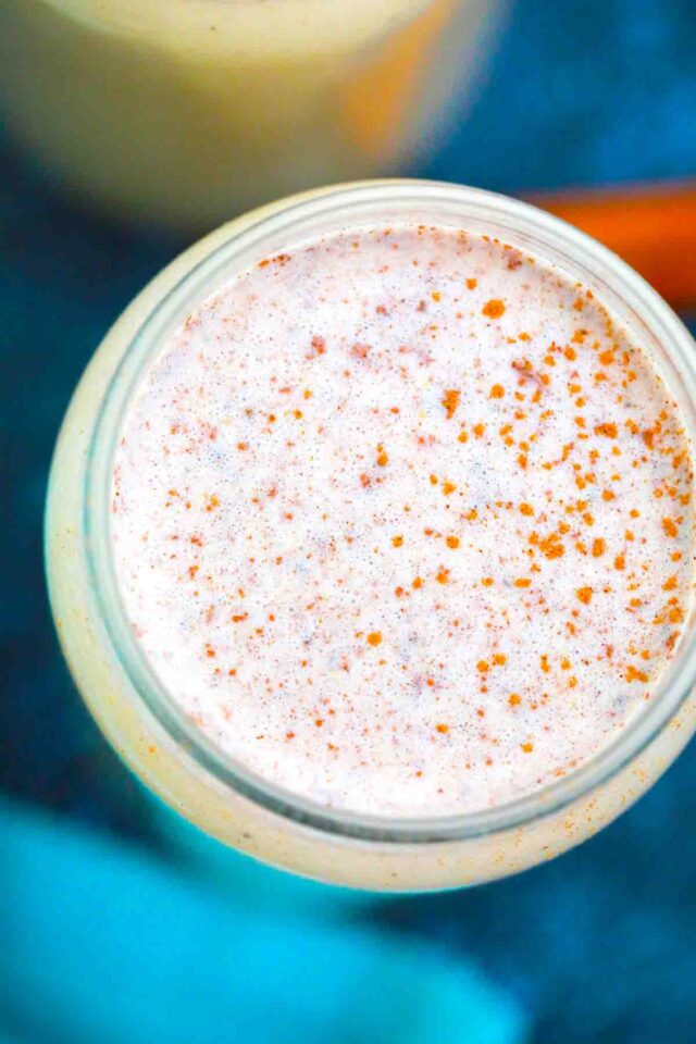 overhead shot of a glass of coquito de puerto rico