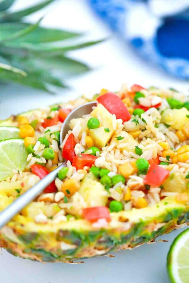 vegetarian pineapple fried rice with green peas and bell pepper