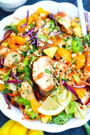 overhead shot of asian grilled chicken salad