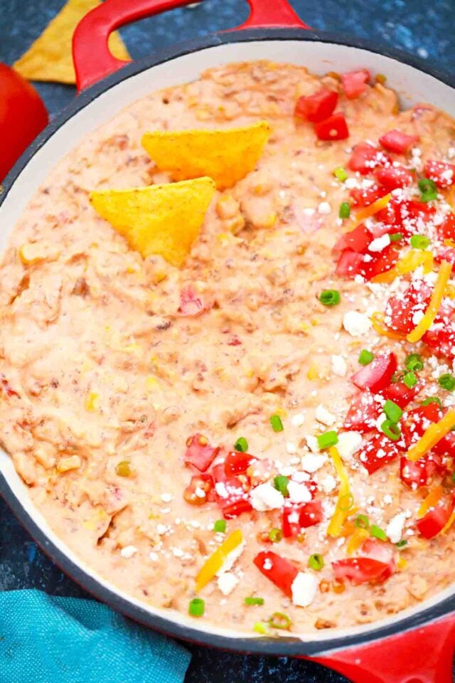 overhead photo of a skillet with velveeta sausage dip