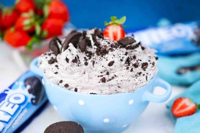 oreo dip topped with Oreos and strawberry