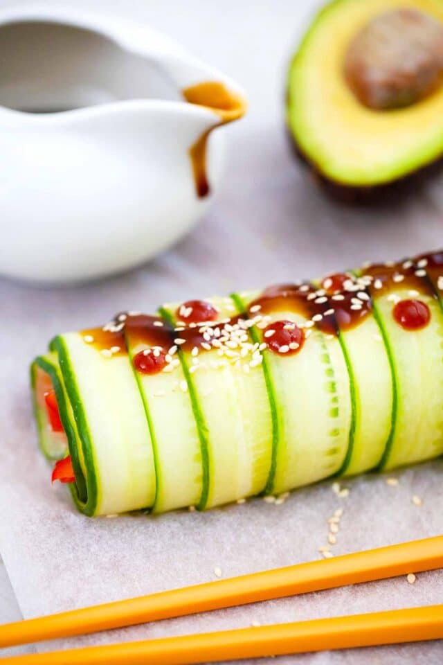 close shot of a rice free cucumber sushi