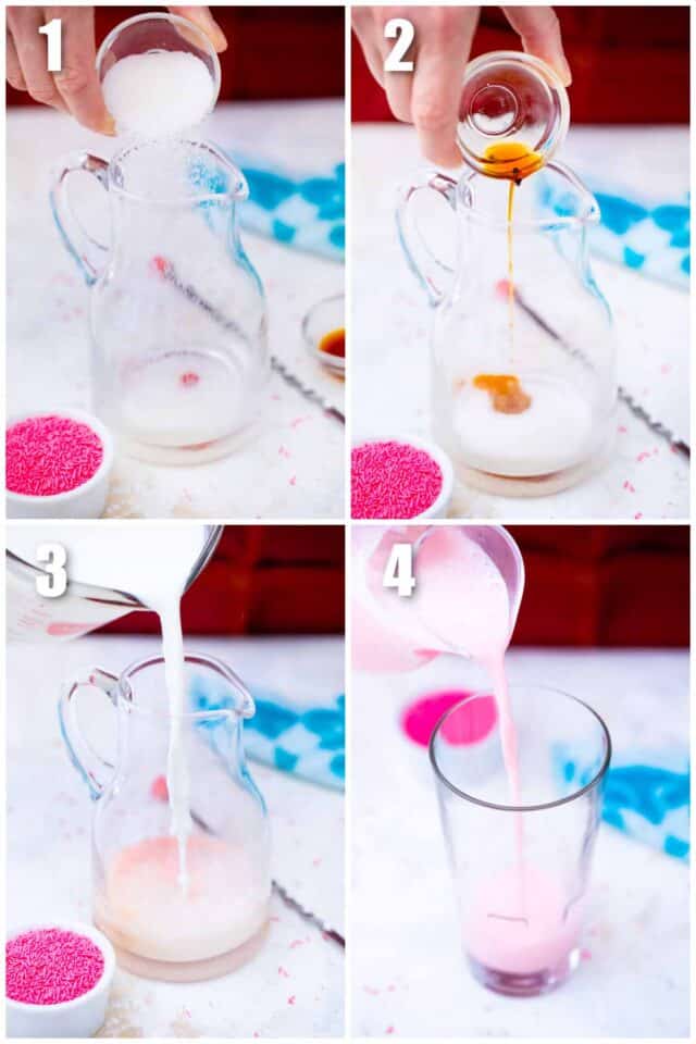 collage of four photos of how to make pink angel milk