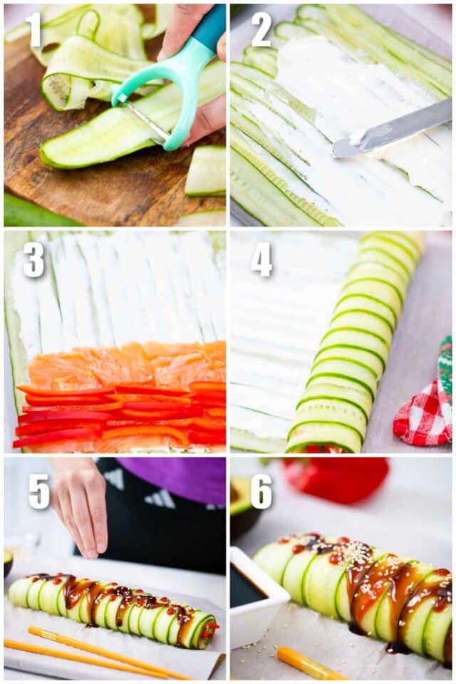 collage of six photos how to make salmon cucumber sushi