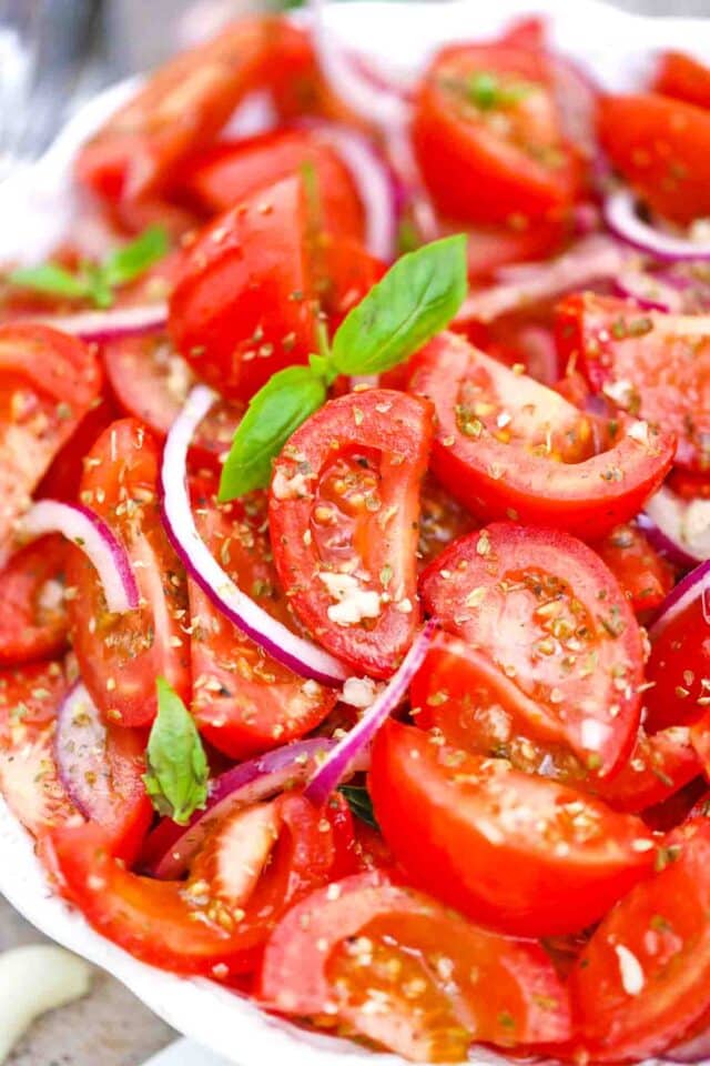 overhead shot of juicy homemade onion tomato salad