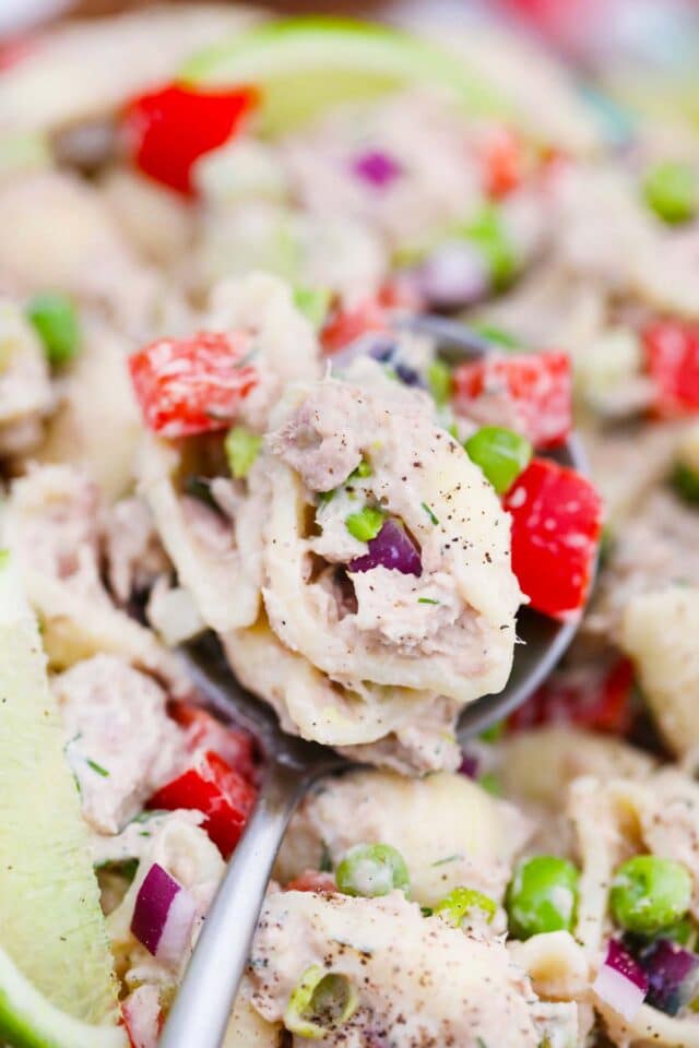 a spoonful of tuna pasta salad