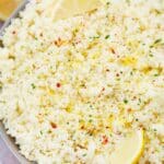 overhead shot of a bowl of fluffy lemon couscous