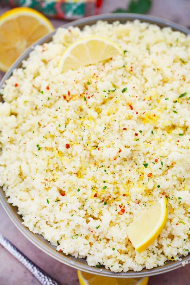 overhead shot of a bowl of fluffy lemon couscous