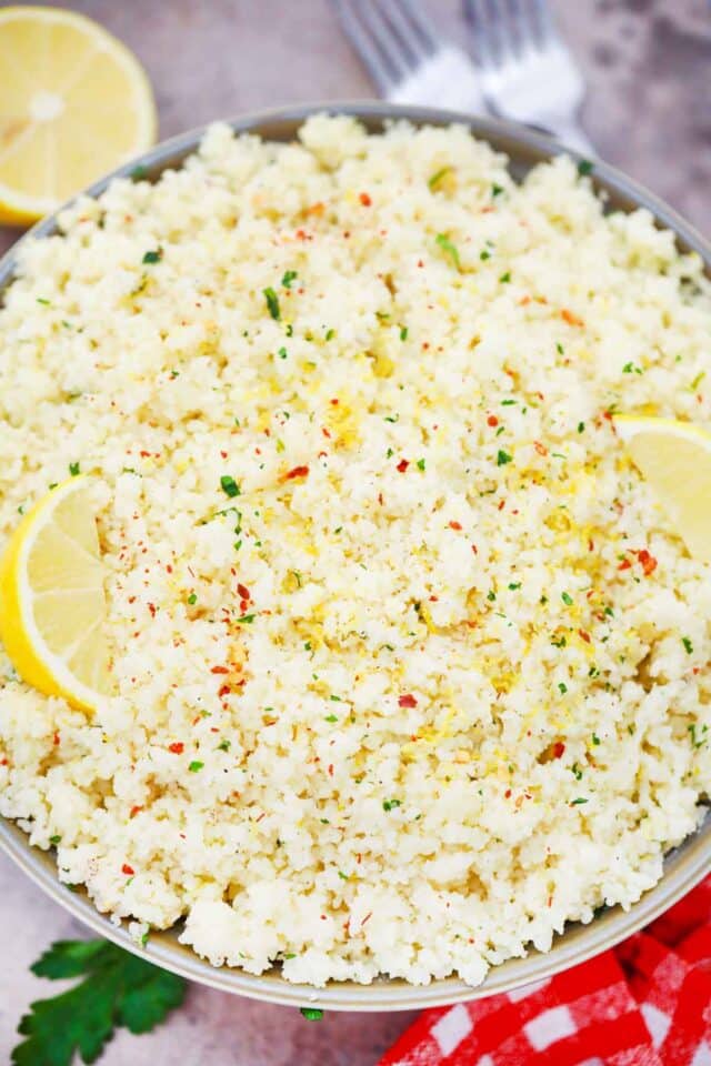 overhead shot of a bowl with homemade lemon couscous