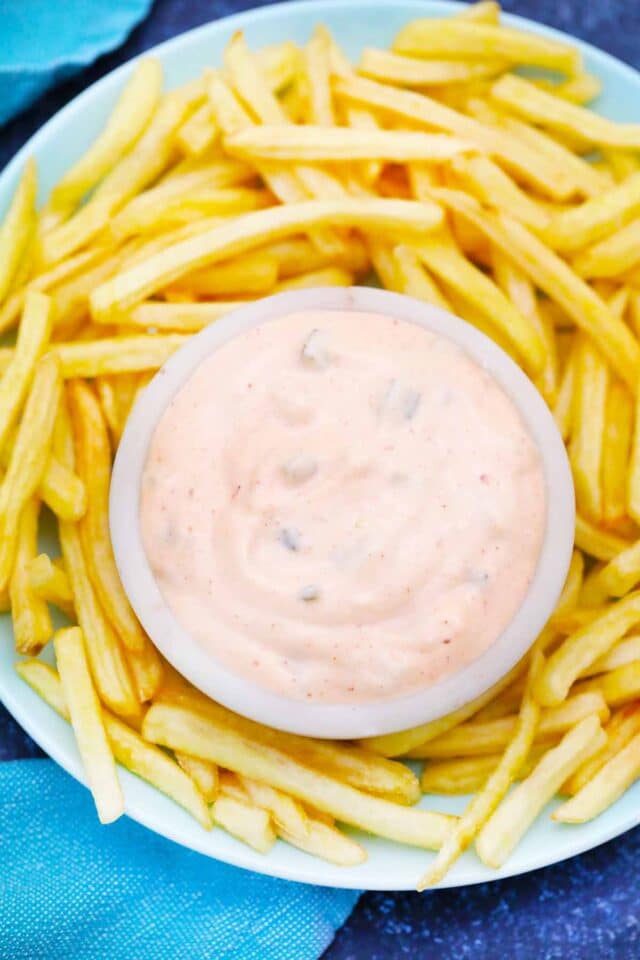 a plate with fries and homemade in n out sauce