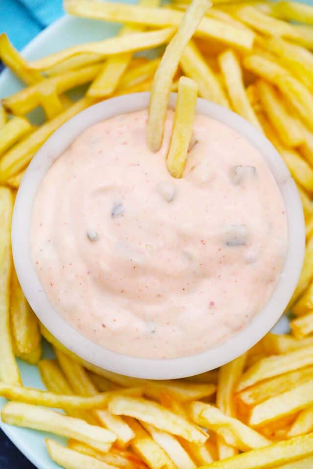 overhead shot of in n out sauce copycat surrendered by fries