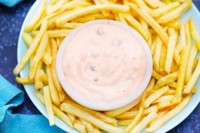 overhead shot of in n out sauce copycat on a plate with crispy fries