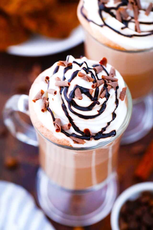 overhead shot of mocha latte topped with whipped cream chocolate sauce and chocolate shavings