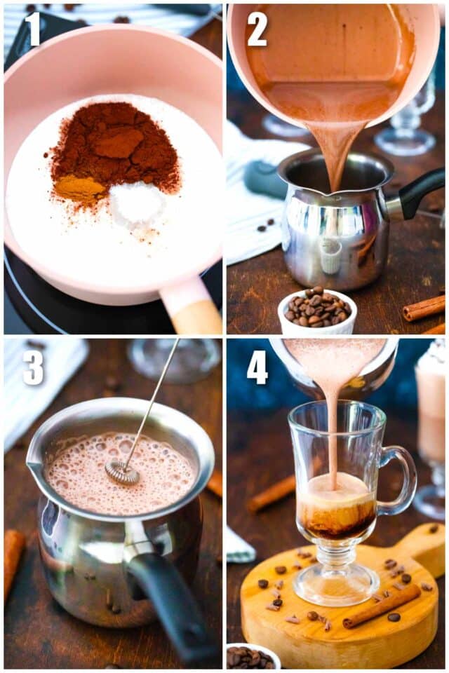 collage of four photos showing how to make mocha latte copycat